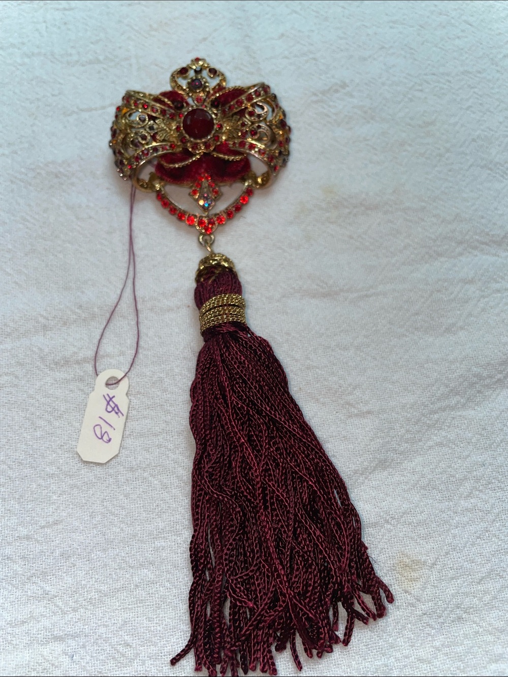 Victoria style brooch, heart shaped, red, and blue crystals